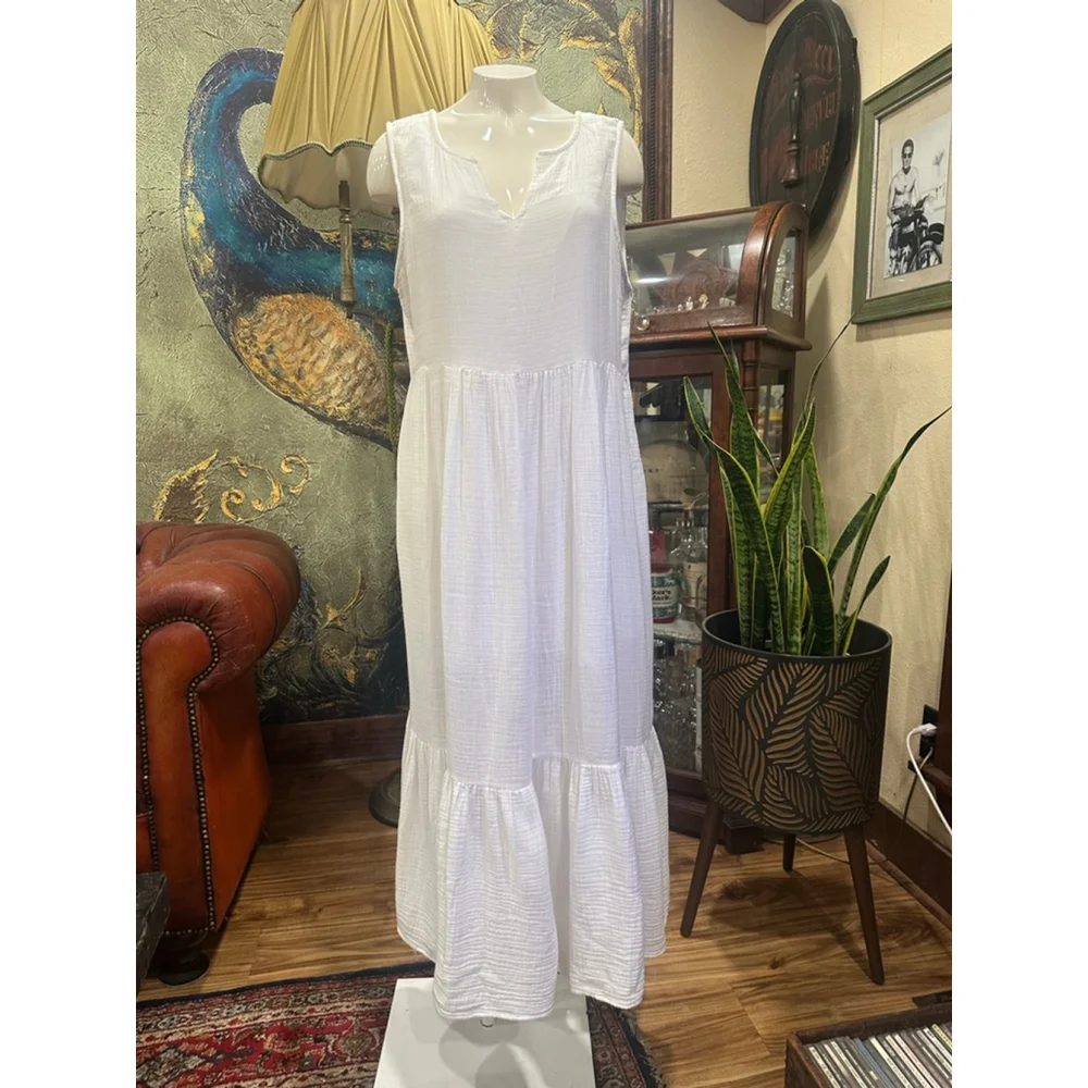 Boho Chic White Cotton Gauze Tiered Maxi Dress XL - Picture 3 of 11